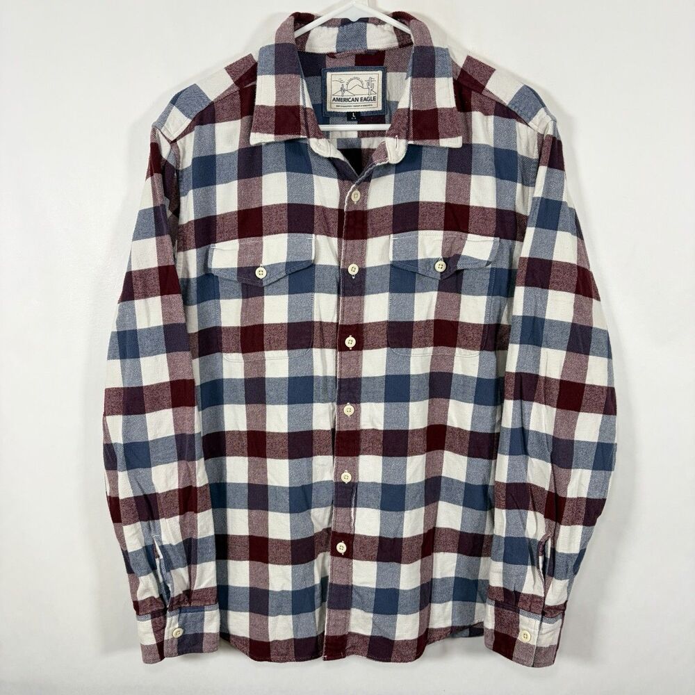 American Eagle Button Up Flannel Shirt Mens Size Large Red White Blue Checks